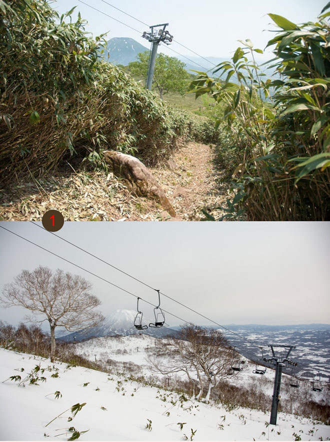 winter and summer comparison of Annuprui mountain path looking at Mt. Yotei